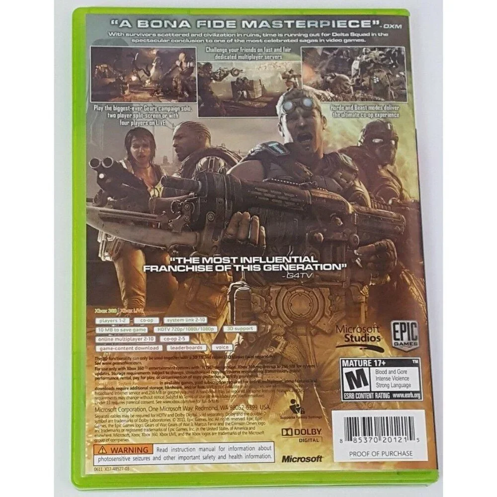 Gears of War 3 Microsoft Xbox 360 2011 Tested Works W/ Sticker Sheet